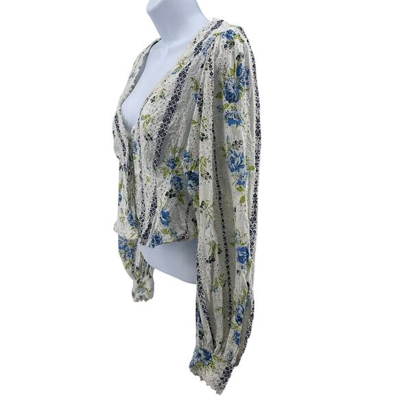 Free People Top White Womens XS Boho Floral Eyelet Cropped V-Neck Long Sleeve - Picture 5 of 8